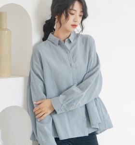 Cotton linen Korean style doll shirt long sleeve tops for women